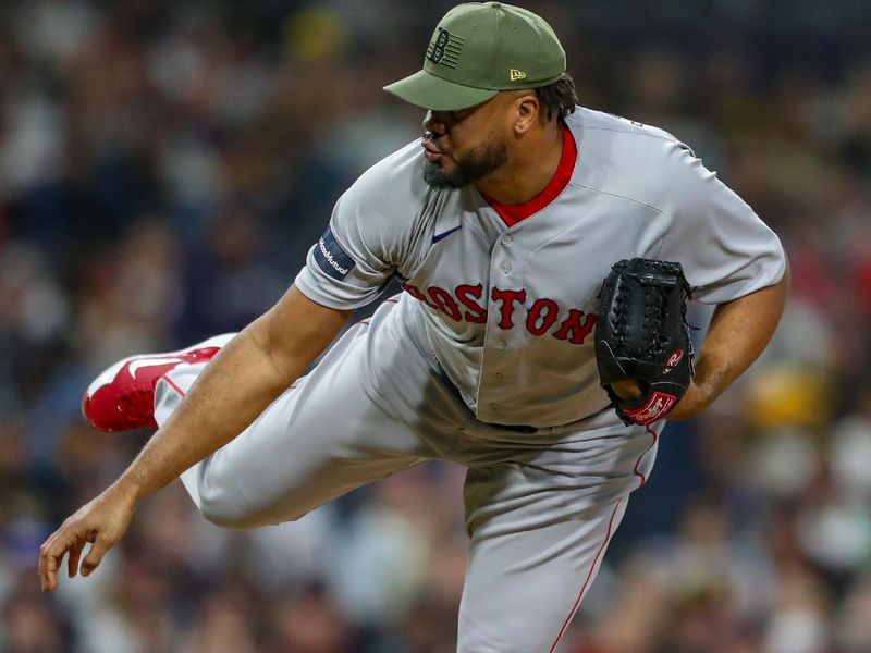 May 20, 2023; San Diego, California, USA; Boston Red Sox relief pitcher Kenley Jansen (74) throws a pitch during the ninth inning against the San Diego Padres at Petco Park. Mandatory Credit: David Frerker-USA TODAY Sports