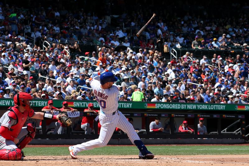 Aug 27, 2023; New York City, New York, USA; New York Mets first baseman Pete Alonso (20) loses his bat on a swing during the fourth inning against the Los Angeles Angels at Citi Field. Mandatory Credit: Brad Penner-USA TODAY Sports