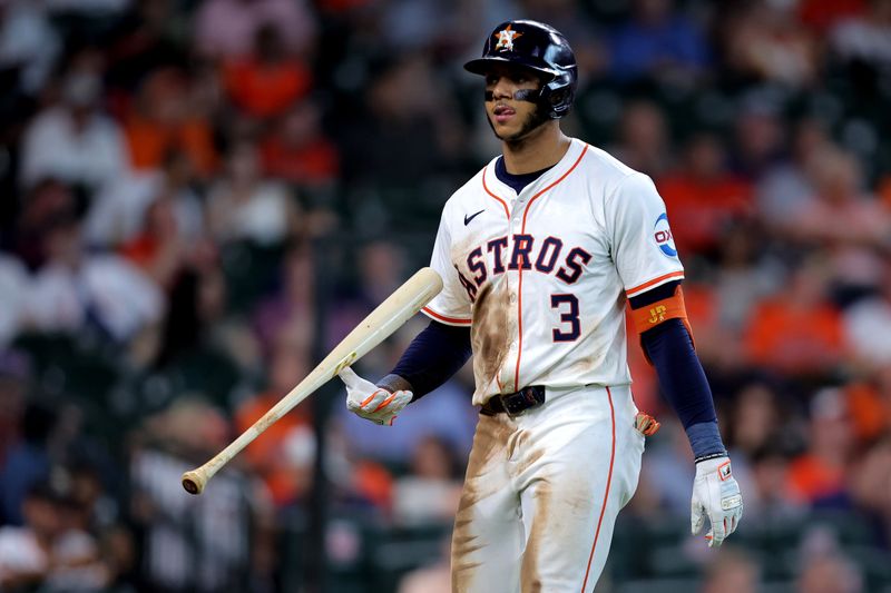 Sep 25, 2024; Houston, Texas, USA; Houston Astros shortstop Jeremy Pena (3) reacts after striking out against the Seattle Mariners during the eighth inning at Minute Maid Park. Mandatory Credit: Erik Williams-Imagn Images