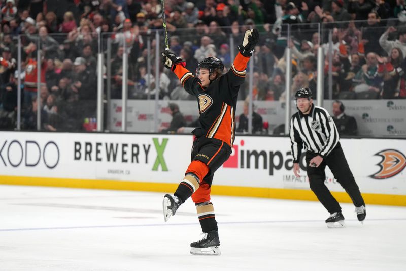 Feb 15, 2023; Anaheim, California, USA; Anaheim Ducks center Trevor Zegras (11) celebrates after a goal against the Buffalo Sabres in the second period  at Honda Center. Mandatory Credit: Kirby Lee-USA TODAY Sports