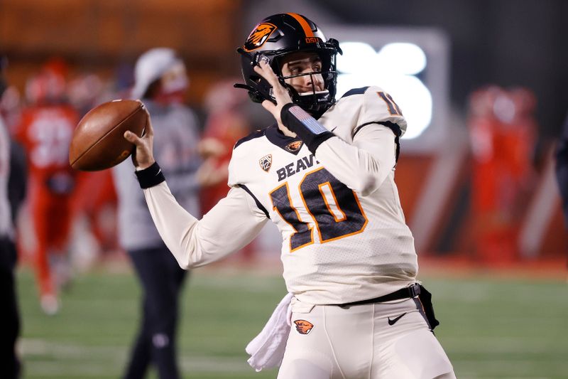 Dec 5, 2020; Salt Lake City, Utah, USA; Oregon State Beavers quarterback Chance Nolan (10) warms up prior to their game against the Utah Utes at Rice-Eccles Stadium. Mandatory Credit: Jeffrey Swinger-USA TODAY Sports