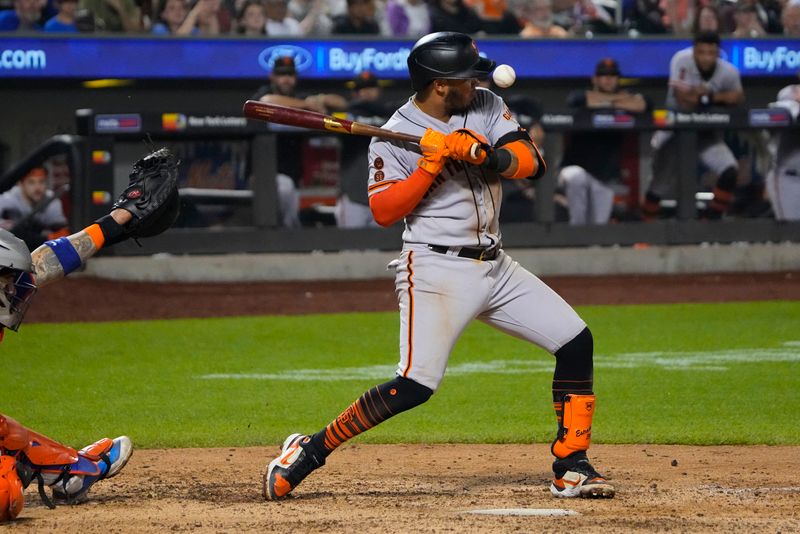 Jul 2, 2023; New York City, New York, USA; San Francisco Giants second baseman Thairo Estrada (39) gets hit by a pitch during the eighth inning against the New York Mets at Citi Field. Mandatory Credit: Gregory Fisher-USA TODAY Sports