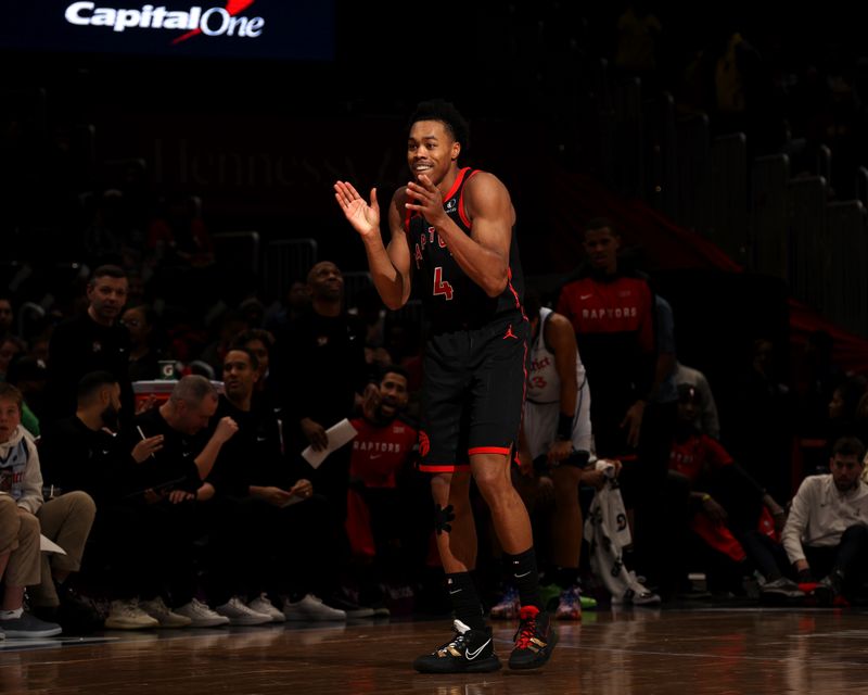 WASHINGTON, DC -?JANUARY 29: Scottie Barnes #4 of the Toronto Raptors celebrates during the game against the Washington Wizards on January 29, 2025 at Capital One Arena in Washington, DC. NOTE TO USER: User expressly acknowledges and agrees that, by downloading and or using this Photograph, user is consenting to the terms and conditions of the Getty Images License Agreement. Mandatory Copyright Notice: Copyright 2025 NBAE (Photo by Stephen Gosling/NBAE via Getty Images)