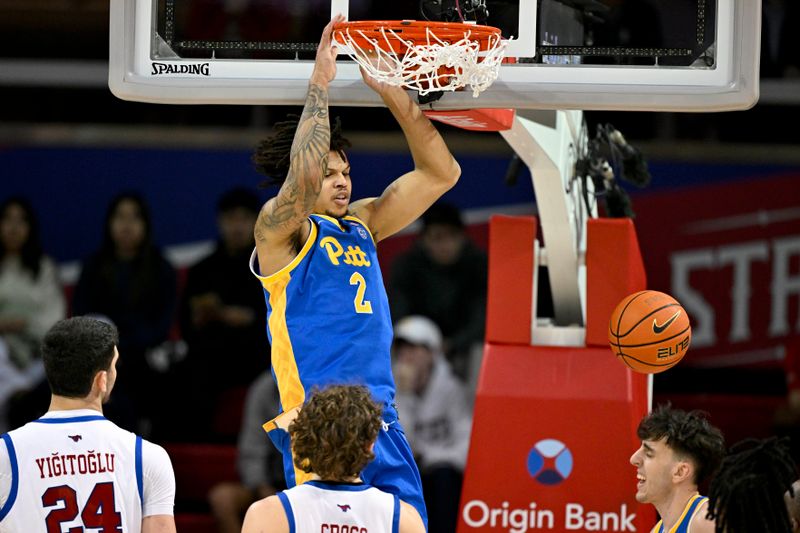 Feb 11, 2025; Dallas, Texas, USA; Pittsburgh Panthers forward Cameron Corhen (2) dunks the ball against the Southern Methodist Mustangs during the second half at Moody Coliseum. Mandatory Credit: Jerome Miron-Imagn Images