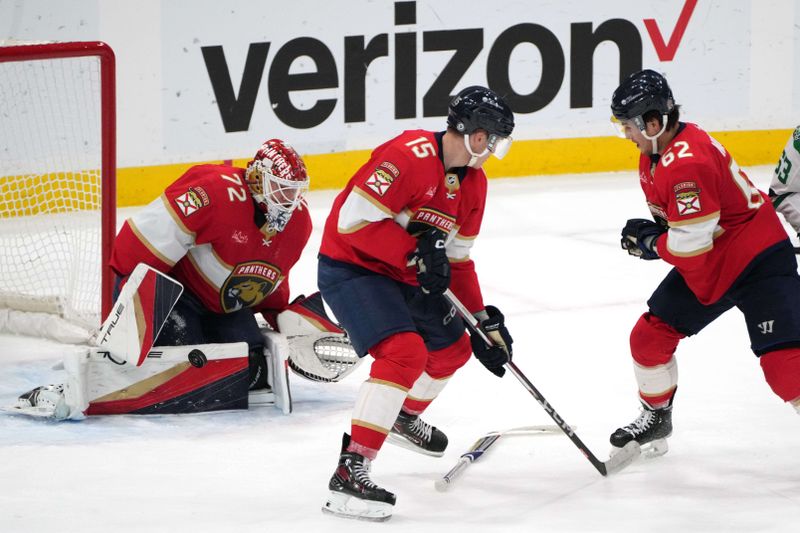 Dec 6, 2023; Sunrise, Florida, USA; Florida Panthers goaltender Sergei Bobrovsky (72) makes a save against the Dallas Stars during the second period at Amerant Bank Arena. Mandatory Credit: Jim Rassol-USA TODAY Sports