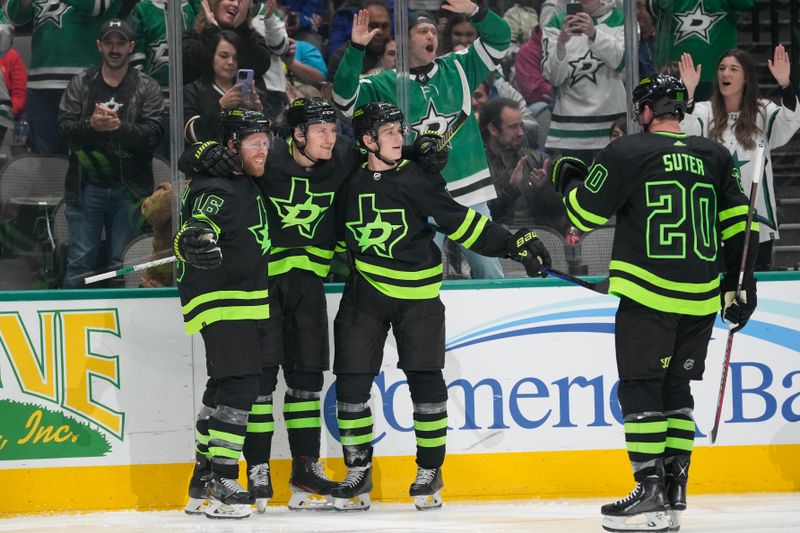 Oct 29, 2022; Dallas, Texas, USA;  Dallas Stars celebrate scoring a goal against the New York Rangers during the second period at American Airlines Center. Mandatory Credit: Chris Jones-USA TODAY Sports