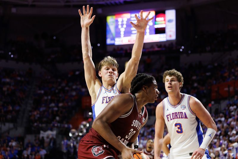 Feb 15, 2025; Gainesville, Florida, USA; Florida Gators forward Thomas Haugh (10) defends South Carolina Gamecocks forward Collin Murray-Boyles (30) during the first half at Exactech Arena at the Stephen C. O'Connell Center. Mandatory Credit: Matt Pendleton-Imagn Images