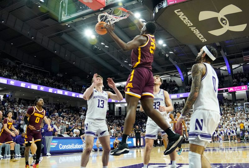 Mar 9, 2024; Evanston, Illinois, USA;Minnesota Golden Gophers forward Pharrel Payne (21) dunks the ball against the Northwestern Wildcats  during the first half at Welsh-Ryan Arena. Mandatory Credit: David Banks-USA TODAY Sports