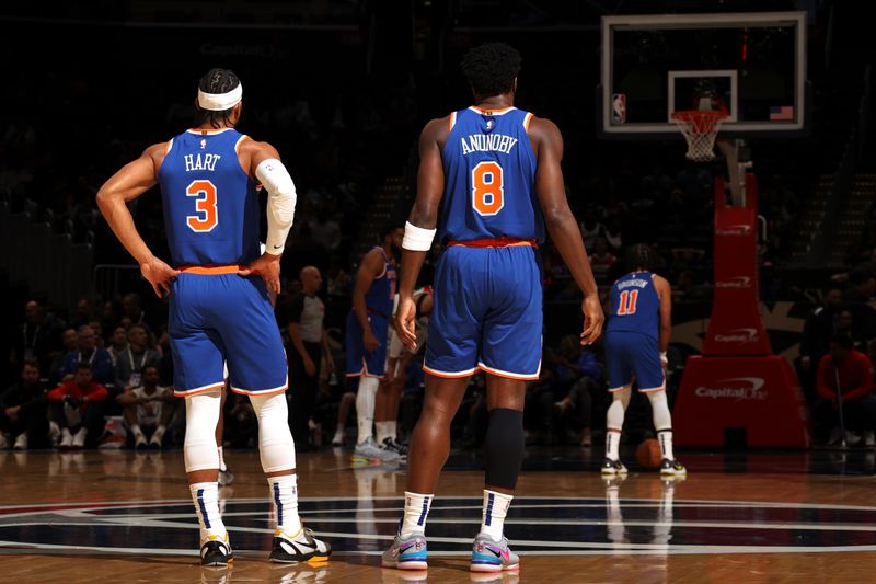 WASHINGTON, DC -? OCTOBER 18: Josh Hart #3 and OG Anunoby #8 of the New York Knicks look on during the game against the Washington Wizards on October 18, 2024 at Capital One Arena in Washington, DC. NOTE TO USER: User expressly acknowledges and agrees that, by downloading and or using this Photograph, user is consenting to the terms and conditions of the Getty Images License Agreement. Mandatory Copyright Notice: Copyright 2024 NBAE (Photo by Stephen Gosling/NBAE via Getty Images)