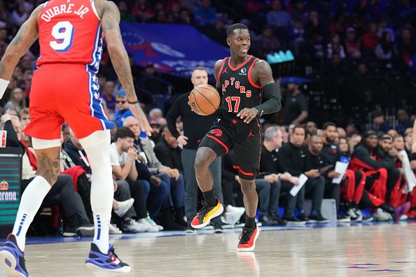 PHILADELPHIA, PA - DECEMBER 22: Dennis Schroder #17 of the Toronto Raptors brings the ball up court against the Philadelphia 76ers on December 22, 2023 at the Wells Fargo Center in Philadelphia, Pennsylvania NOTE TO USER: User expressly acknowledges and agrees that, by downloading and/or using this Photograph, user is consenting to the terms and conditions of the Getty Images License Agreement. Mandatory Copyright Notice: Copyright 2023 NBAE (Photo by Jesse D. Garrabrant/NBAE via Getty Images)