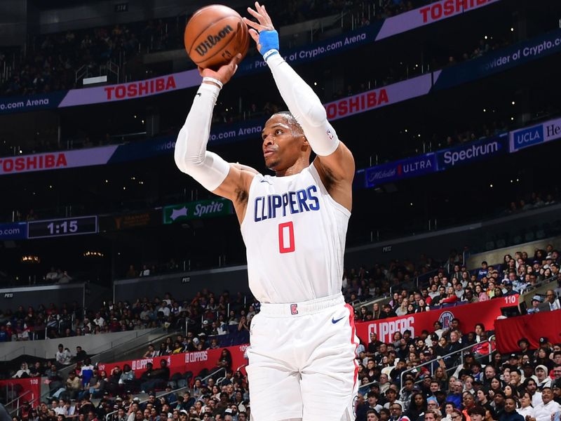 LOS ANGELES, CA - APRIL 7: Russell Westbrook #0 of the LA Clippers shoots the ball during the game against the Cleveland Cavaliers on April 7, 2024 at Crypto.Com Arena in Los Angeles, California. NOTE TO USER: User expressly acknowledges and agrees that, by downloading and/or using this Photograph, user is consenting to the terms and conditions of the Getty Images License Agreement. Mandatory Copyright Notice: Copyright 2024 NBAE (Photo by Adam Pantozzi/NBAE via Getty Images)