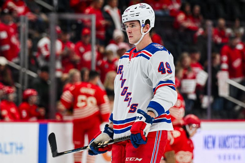 Nov 7, 2025; Detroit, Michigan, USA; New York Rangers right wing Jaroslav Chmelar (49) before the game against the Detroit Red Wings at Little Caesars Arena. Mandatory Credit: Tim Fuller-Imagn Images