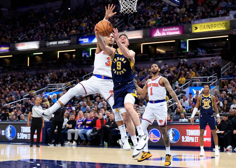 INDIANAPOLIS, INDIANA - FEBRUARY 11: T.J. McConnell #9 of the Indiana Pacers goes up for a shot against Josh Hart #3 of the New York Knicks during the second half at Gainbridge Fieldhouse on February 11, 2025 in Indianapolis, Indiana. NOTE TO USER: User expressly acknowledges and agrees that, by downloading and or using this photograph, User is consenting to the terms and conditions of the Getty Images License Agreement. (Photo by Justin Casterline/Getty Images)
