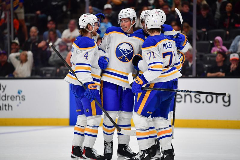 Mar 22, 2026; Anaheim, California, USA; Buffalo Sabres defenseman Owen Power (25) elebrates his goal scored against the Ahaheim Ducks during the third period at Honda Center. Mandatory Credit: Gary A. Vasquez-Imagn Images