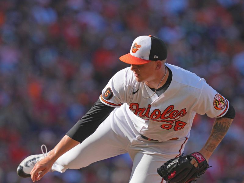 Oct 1, 2023; Baltimore, Maryland, USA; Baltimore Orioles pitcher Tyler Wells (68) delivers in the fourth inning against the Boston Red Sox at Oriole Park at Camden Yards. Mandatory Credit: Mitch Stringer-USA TODAY Sports