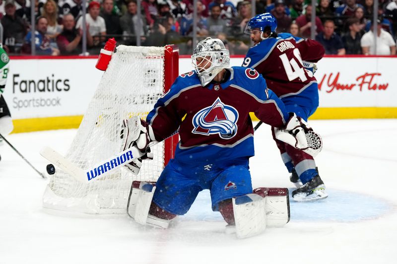 May 17, 2024; Denver, Colorado, USA; Colorado Avalanche goaltender Alexandar Georgiev (40) makes a save in the first period against the Dallas Stars in game six of the second round of the 2024 Stanley Cup Playoffs at Ball Arena. Mandatory Credit: Ron Chenoy-USA TODAY Sports