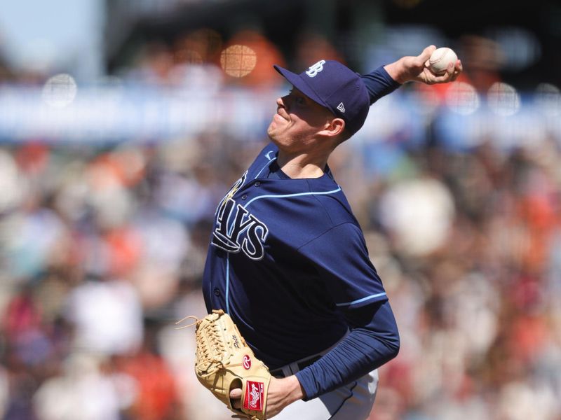 Aug 16, 2023; San Francisco, California, USA; Tampa Bay Rays relief pitcher Pete Fairbanks (29) throws against the San Francisco Giants during the ninth inning at Oracle Park. Mandatory Credit: Sergio Estrada-USA TODAY Sports