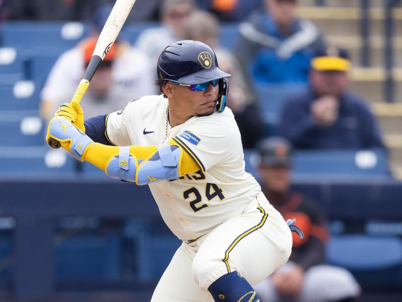 Mar 14, 2025; Phoenix, Arizona, USA; Milwaukee Brewers catcher William Contreras against the San Francisco Giants during a spring training game at American Family Fields of Phoenix. Mandatory Credit: Mark J. Rebilas-Imagn Images