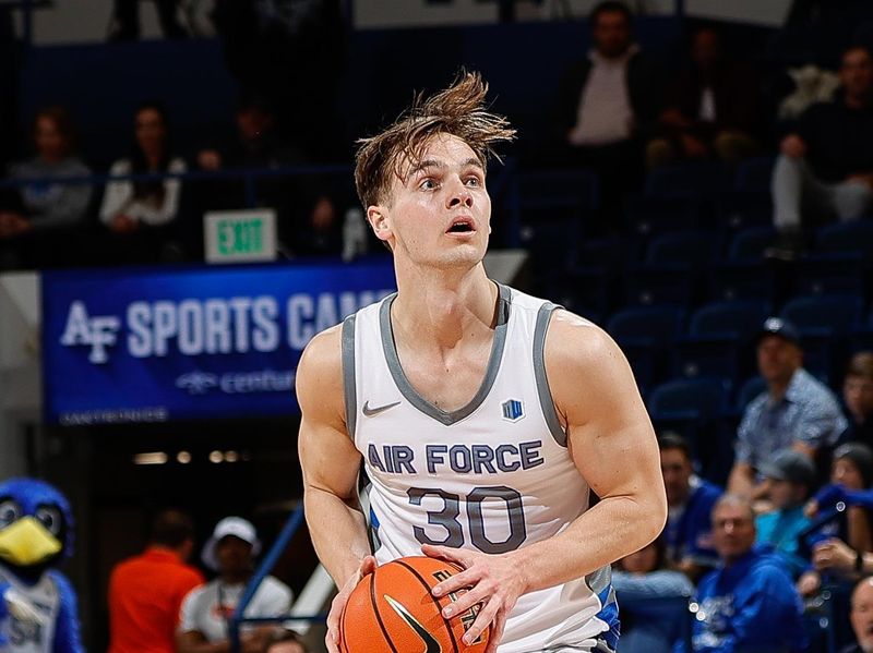 Jan 31, 2023; Colorado Springs, Colorado, USA; Air Force Falcons guard Camden Vander Zwaag (30) looks to shoot in the second half against the Boise State Broncos at Clune Arena. Mandatory Credit: Isaiah J. Downing-USA TODAY Sports