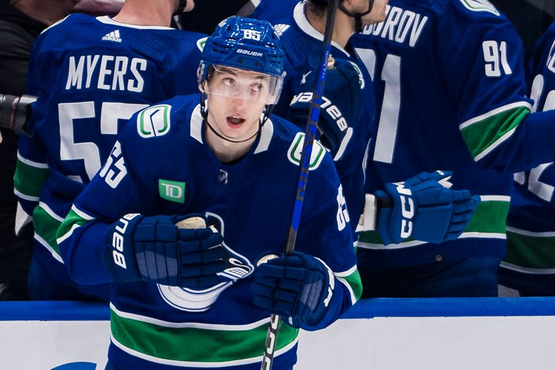 Dec 9, 2023; Vancouver, British Columbia, CAN; Vancouver Canucks forward Ilya Mikheyev (65) celebrates his goal against the Carolina Hurricanes in the second period at Rogers Arena. Mandatory Credit: Bob Frid-USA TODAY Sports