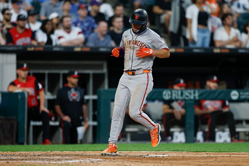 Jun 27, 2025; Chicago, Illinois, USA; San Francisco Giants shortstop Willy Adames (2) scores against the Chicago White Sox during the sixth inning at Rate Field. Mandatory Credit: Kamil Krzaczynski-Imagn Images