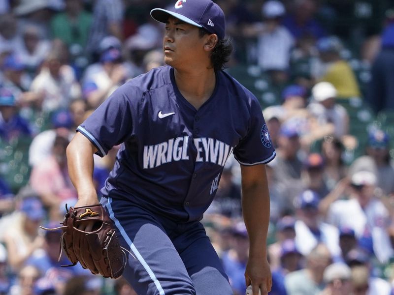 Jun 21, 2024; Chicago, Illinois, USA; Chicago Cubs pitcher Shota Imanaga (18) throws the ball against the New York Mets during the first inning at Wrigley Field. Mandatory Credit: David Banks-USA TODAY Sports