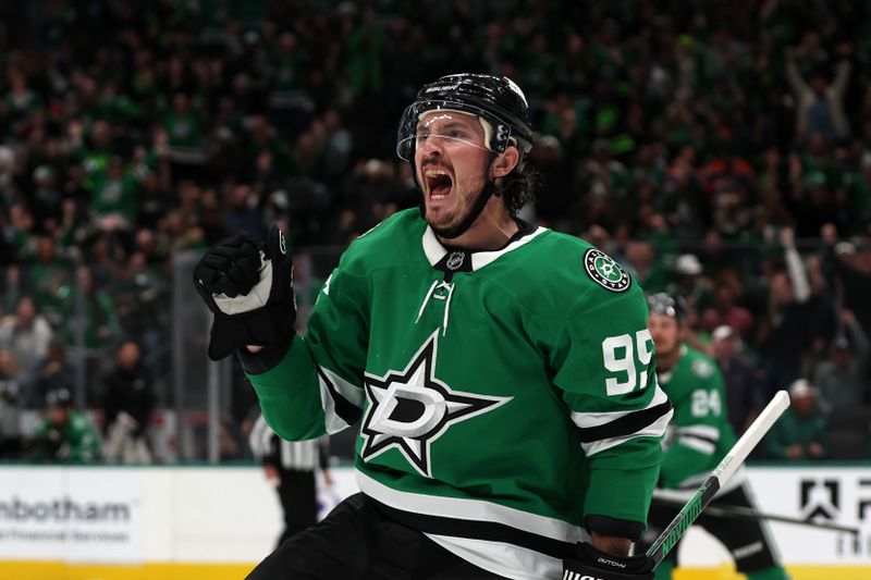 Oct 19, 2024; Dallas, Texas, USA; Dallas Stars center Matt Duchene (95) celebrates after scoring a goal against the Edmonton Oilers in the second period at American Airlines Center. Mandatory Credit: Tim Heitman-Imagn Images