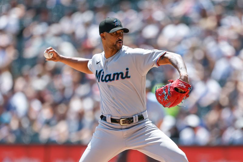 Jun 10, 2023; Chicago, Illinois, USA; Miami Marlins starting pitcher Sandy Alcantara (22) delivers a pitch against the Chicago White Sox during the first inning at Guaranteed Rate Field. Mandatory Credit: Kamil Krzaczynski-USA TODAY Sports