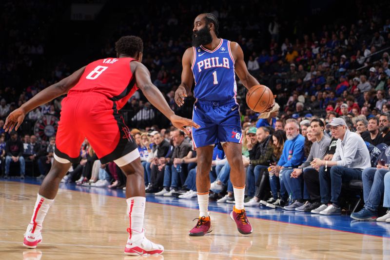 PHILADELPHIA, PA - FEBRUARY 13: James Harden #1 of the Philadelphia 76ers dribbles the ball during the game against the Houston Rockets on February 13, 2023 at the Wells Fargo Center in Philadelphia, Pennsylvania NOTE TO USER: User expressly acknowledges and agrees that, by downloading and/or using this Photograph, user is consenting to the terms and conditions of the Getty Images License Agreement. Mandatory Copyright Notice: Copyright 2023 NBAE (Photo by Jesse D. Garrabrant/NBAE via Getty Images)