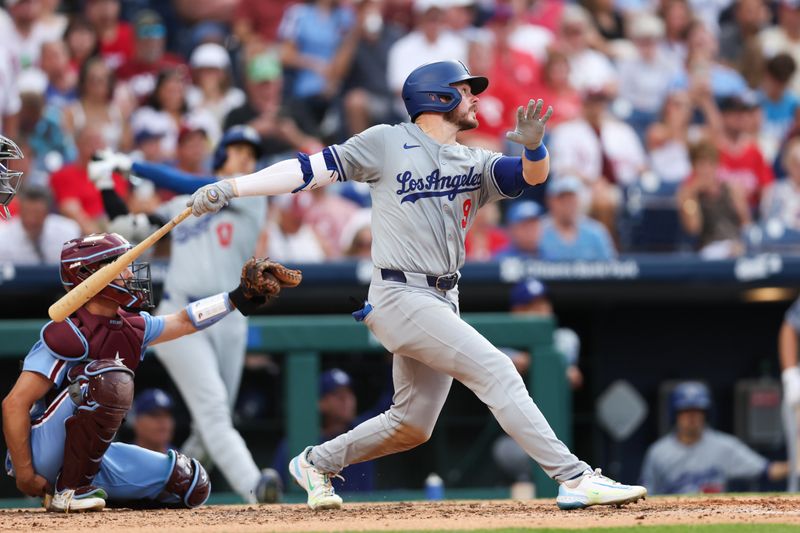 Jul 11, 2024; Philadelphia, Pennsylvania, USA; Los Angeles Dodgers second base Gavin Lux (9) hits a home run during the fifth inning against the Philadelphia Phillies at Citizens Bank Park. Mandatory Credit: Bill Streicher-USA TODAY Sports