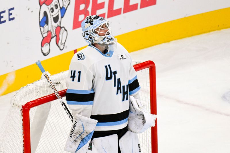 Oct 13, 2025; Chicago, Illinois, USA;  Utah Mammoth goaltender Vitek Vanecek (41) looks on after Chicago Blackhawks left wing Andre Burakovsky (28) scores a goal during the third period at United Center. Mandatory Credit: Matt Marton-Imagn Images
