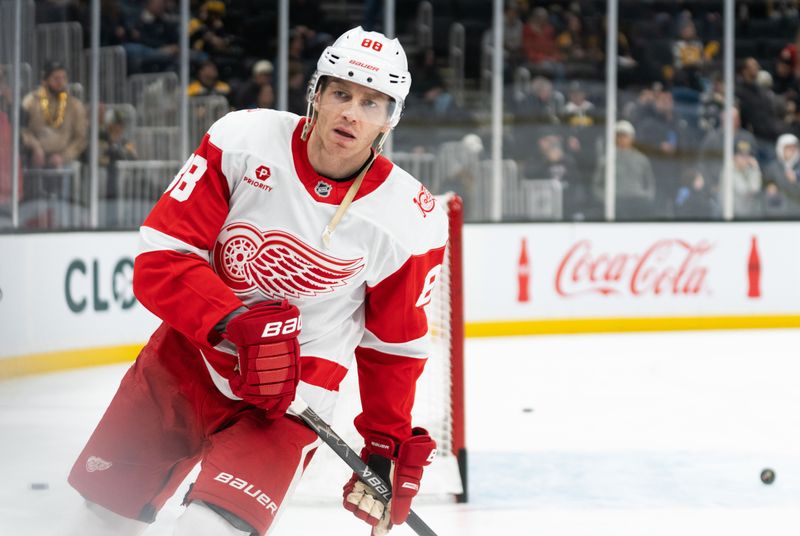 Jan 13, 2026; Boston, Massachusetts, USA; Detroit Red Wings right-winger Patrick Kane (88) skates during warm ups before a game against the Boston Bruins at TD Garden. Mandatory Credit: Natalie Reid-Imagn Images