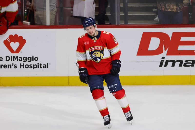 Apr 11, 2024; Sunrise, Florida, USA; Florida Panthers right wing Vladimir Tarasenko (10) looks on after scoring against the Columbus Blue Jackets during the third period at Amerant Bank Arena. Mandatory Credit: Sam Navarro-USA TODAY Sports