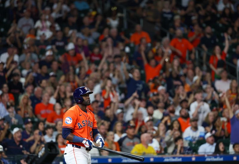 Sep 6, 2024; Houston, Texas, USA; Houston Astros left fielder Jordan Alvarez (44) hits a three run home run against the Arizona Diamondbacks in the fifth inning at Minute Maid Park. Mandatory Credit: Thomas Shea-Imagn Images