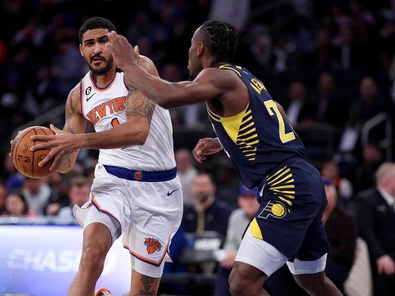 NEW YORK, NEW YORK - APRIL 09:  Obi Toppin #1 of the New York Knicks tries to get past Aaron Nesmith #23 of the Indiana Pacers at Madison Square Garden on April 09, 2023 in New York City. NOTE TO USER: User expressly acknowledges and agrees that, by downloading and or using this photograph, User is consenting to the terms and conditions of the Getty Images License Agreement. (Photo by Elsa/Getty Images)