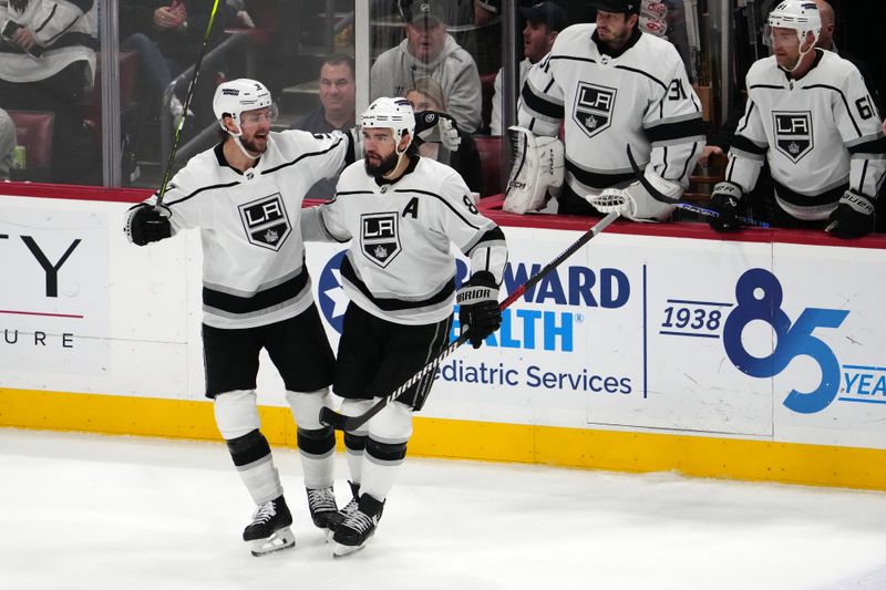 Jan 11, 2024; Sunrise, Florida, USA; Los Angeles Kings defenseman Drew Doughty (8) celebrates his goal against the Florida Panthers with right wing Adrian Kempe (9) during the second period at Amerant Bank Arena. Mandatory Credit: Jasen Vinlove-USA TODAY Sports