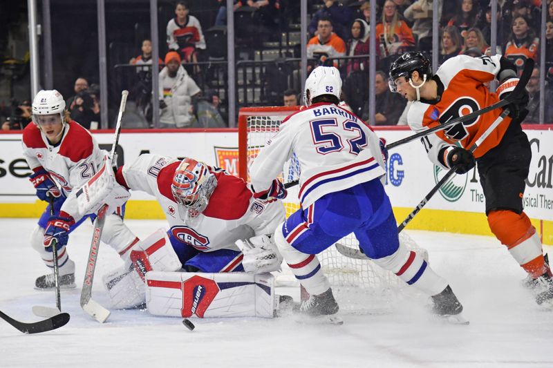 Jan 10, 2024; Philadelphia, Pennsylvania, USA; Montreal Canadiens goaltender Cayden Primeau (30) makes a save against Philadelphia Flyers right wing Tyson Foerster (71) during third period at Wells Fargo Center. Mandatory Credit: Eric Hartline-USA TODAY Sports