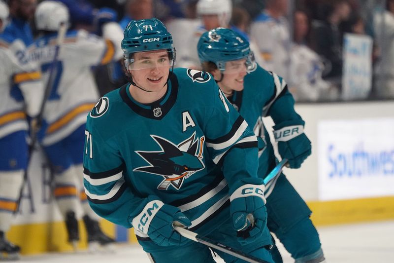 Mar 6, 2026; San Jose, California, USA; San Jose Sharks center Will Smith (2) and center Macklin Celebrini (71) warm up before the game against the St. Louis Blues at SAP Center at San Jose. Mandatory Credit: David Gonzales-Imagn Images