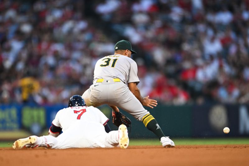 Jul 27, 2024; Anaheim, California, USA; Los Angeles Angels outfielder Jo Adell (7) slides into second baseman Oakland Athletics second baseman Abraham Toro (31) during the fifth inning at Angel Stadium. Mandatory Credit: Jonathan Hui-USA TODAY Sports