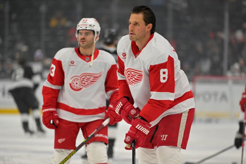 Nov 16, 2024; Los Angeles, California, USA; Detroit Red Wings defenseman Ben Chiarot (8) warms up prior to the game against the Los Angeles Kings at Crypto.com Arena. Mandatory Credit: Jayne Kamin-Oncea-Imagn Images