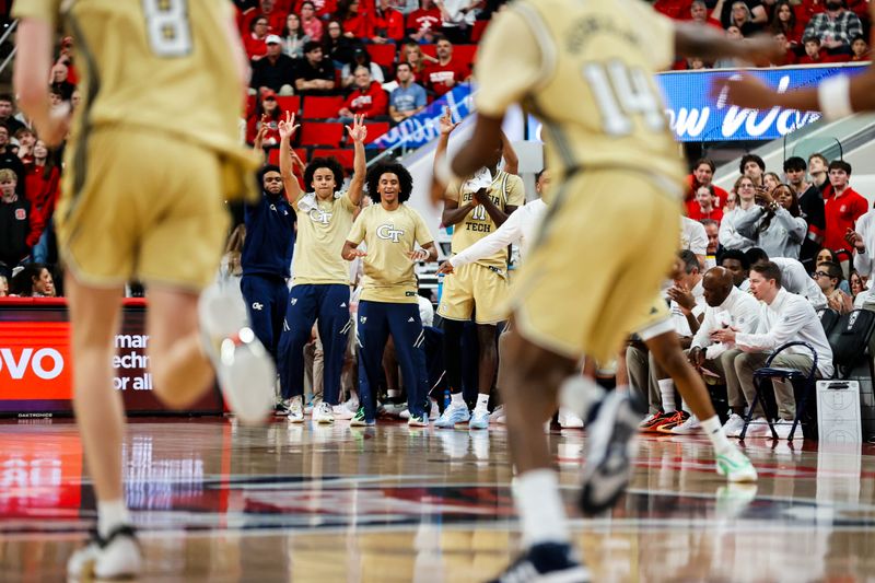 Jan 17, 2026; Raleigh, North Carolina, USA; The Georgia Tech Yellow Jackets bench reacts during the first half of the game against the NC State Wolfpack at Lenovo Center. Mandatory Credit: Jaylynn Nash-Imagn Images