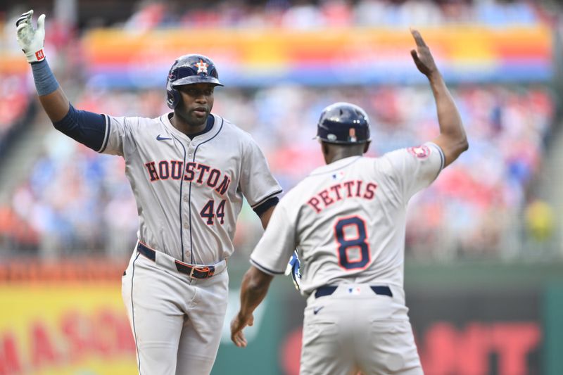 Aug 28, 2024; Philadelphia, Pennsylvania, USA; Houston Astros outfielder Yordan Alvarez (44) rounds the bases after hitting a two-run home run against the Philadelphia Phillies in the fourth inning at Citizens Bank Park. Mandatory Credit: Kyle Ross-USA TODAY Sports