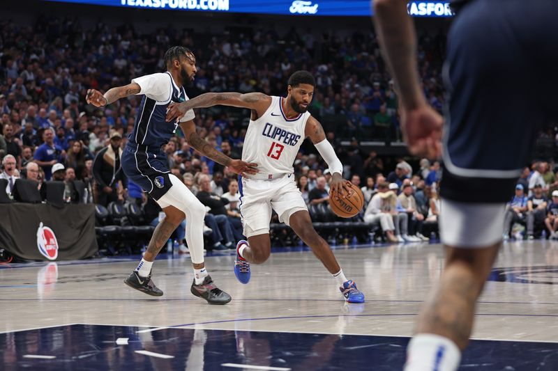 DALLAS, TX - APRIL 28: Paul George #13 of the LA Clippers dribbles the ball during the game against the Dallas Mavericks during Round 1 Game 4 of the 2024 NBA Playoffs on April 28, 2024 at the American Airlines Center in Dallas, Texas. NOTE TO USER: User expressly acknowledges and agrees that, by downloading and or using this photograph, User is consenting to the terms and conditions of the Getty Images License Agreement. Mandatory Copyright Notice: Copyright 2024 NBAE (Photo by Tim Heitman/NBAE via Getty Images)