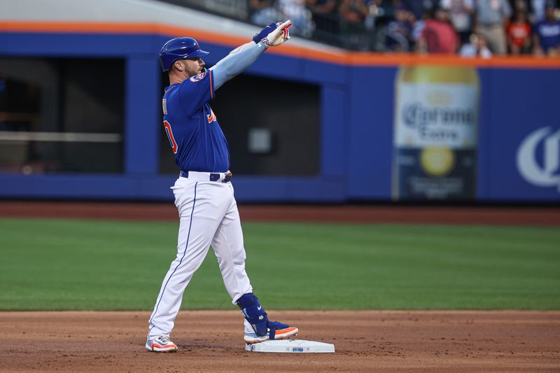 Aug 8, 2023; New York City, New York, USA; New York Mets first baseman Pete Alonso (20) celebrates after his two run home run after a replay review during the second inning against the Chicago Cubs at Citi Field. Mandatory Credit: Vincent Carchietta-USA TODAY Sports