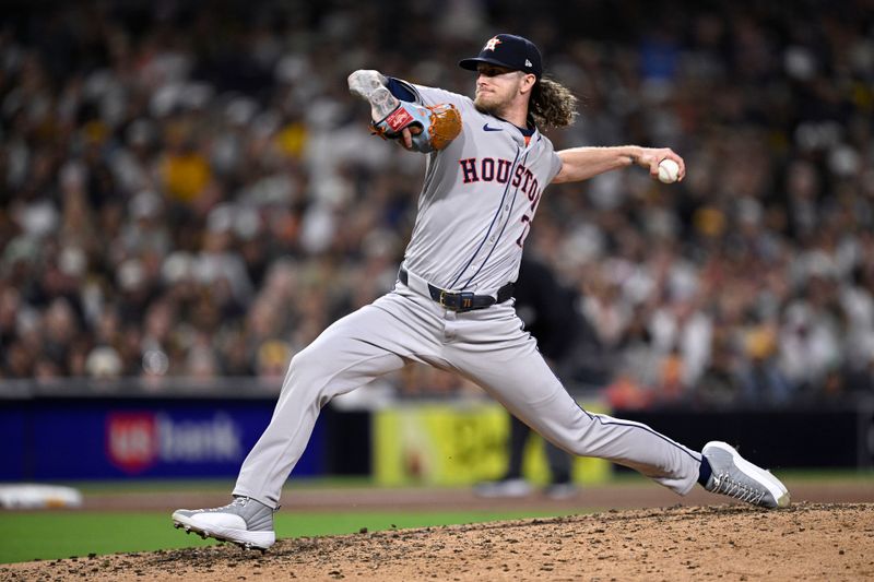 Sep 17, 2024; San Diego, California, USA; Houston Astros relief pitcher Josh Hader (71) pitches against the San Diego Padres during the eighth inning at Petco Park. Mandatory Credit: Orlando Ramirez-Imagn Images