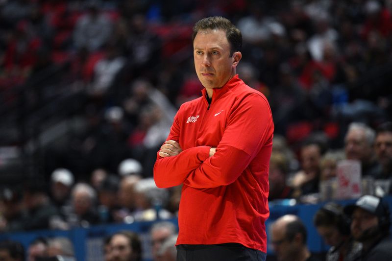 Jan 14, 2023; San Diego, California, USA; New Mexico Lobos head coach Richard Pitino looks on during the first half against the San Diego State Aztecs at Viejas Arena. Mandatory Credit: Orlando Ramirez-USA TODAY Sports