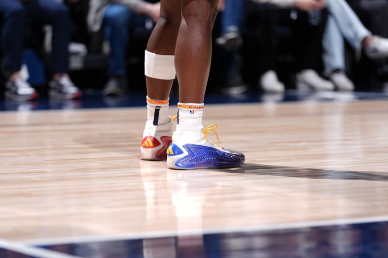 MINNEAPOLIS, MN -  MARCH 24: The sneakers worn by Anthony Edwards #5 of the Minnesota Timberwolves during the game against the Golden State Warriors on March 24, 2024 at Target Center in Minneapolis, Minnesota. NOTE TO USER: User expressly acknowledges and agrees that, by downloading and or using this Photograph, user is consenting to the terms and conditions of the Getty Images License Agreement. Mandatory Copyright Notice: Copyright 2024 NBAE (Photo by Jordan Johnson/NBAE via Getty Images)