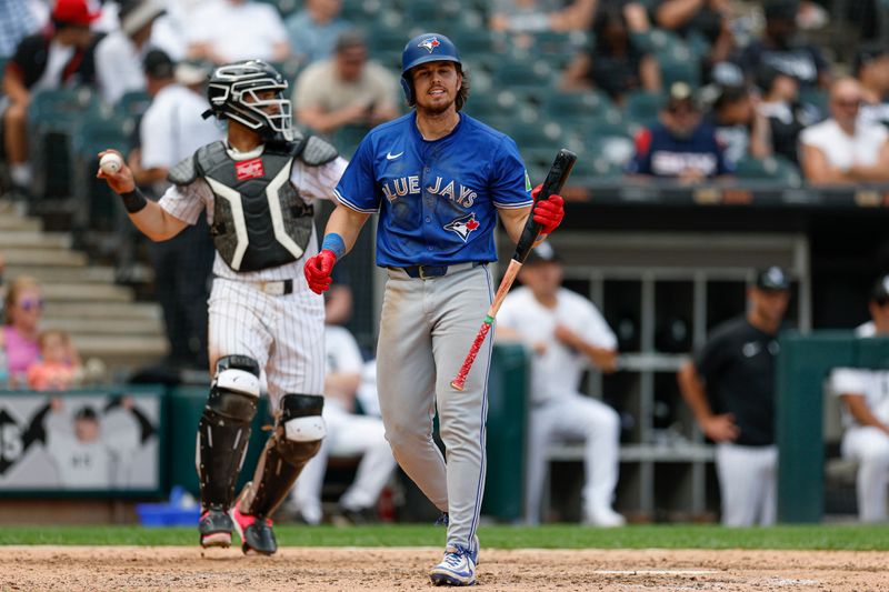 Jul 9, 2025; Chicago, Illinois, USA; Toronto Blue Jays third baseman Addison Barger (47) reacts after striking out against the Chicago White Sox during the ninth inning at Rate Field. Mandatory Credit: Kamil Krzaczynski-Imagn Images