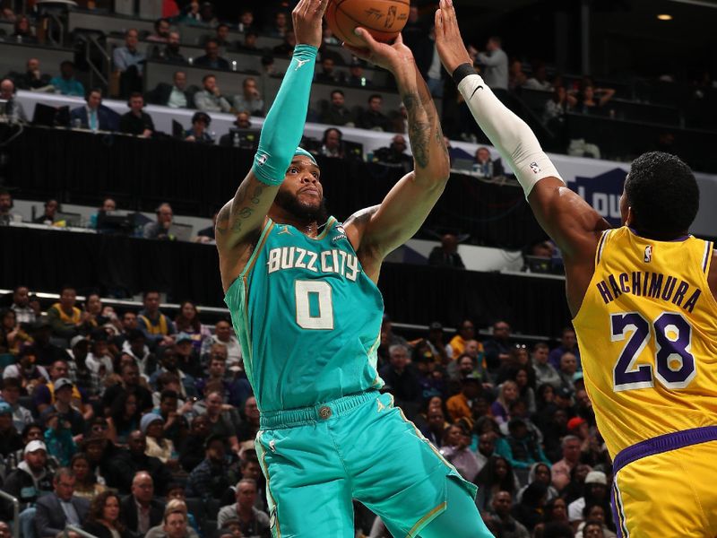 CHARLOTTE, NC - FEBRUARY 5: Miles Bridges #0 of the Charlotte Hornets shoots the ball during the game against the Los Angeles Lakers on February 5, 2024 at Spectrum Center in Charlotte, North Carolina. NOTE TO USER: User expressly acknowledges and agrees that, by downloading and or using this photograph, User is consenting to the terms and conditions of the Getty Images License Agreement. Mandatory Copyright Notice: Copyright 2024 NBAE (Photo by Kent Smith/NBAE via Getty Images)