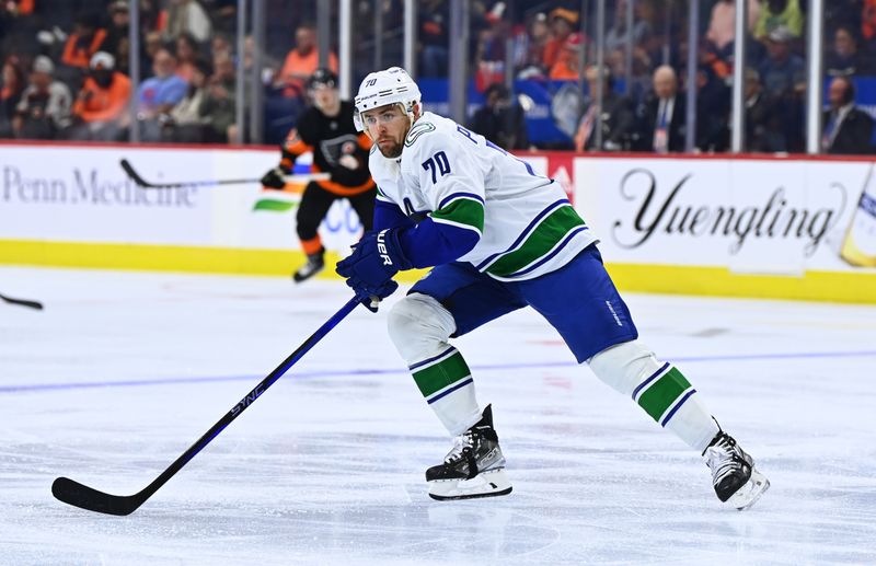 Oct 15, 2022; Philadelphia, Pennsylvania, USA; Vancouver Canucks left wing Tanner Pearson (70) in action against the Philadelphia Flyers in the second period at Wells Fargo Center. Mandatory Credit: Kyle Ross-USA TODAY Sports